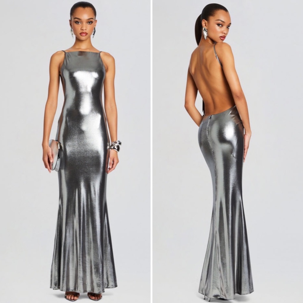 Retrofete Romilly Metallic Open Back Gown In Gunmetal Xl New Nwt